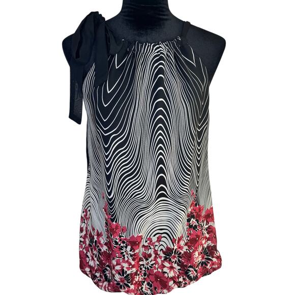 WRAPPER Black Halter Tank Top Cream & Pink Floral Blouse with Bow XL - Picture 1 of 6